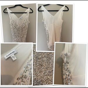Bebe Silk Top with White With Silver Sequins